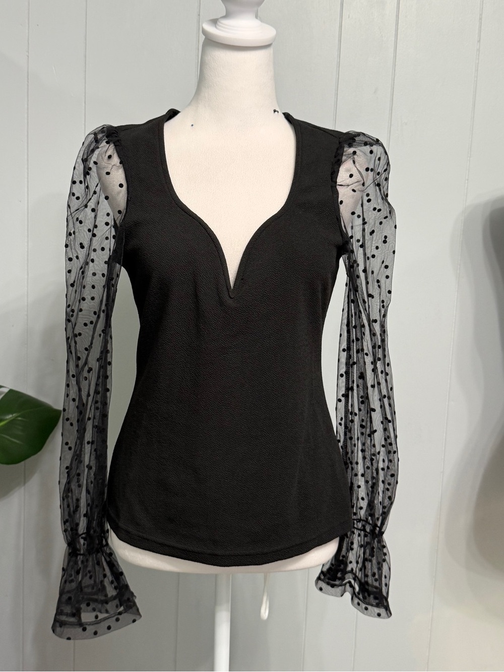 #17) Black Puff-Sleeve Polka Dot Mesh Long Sleeve Top